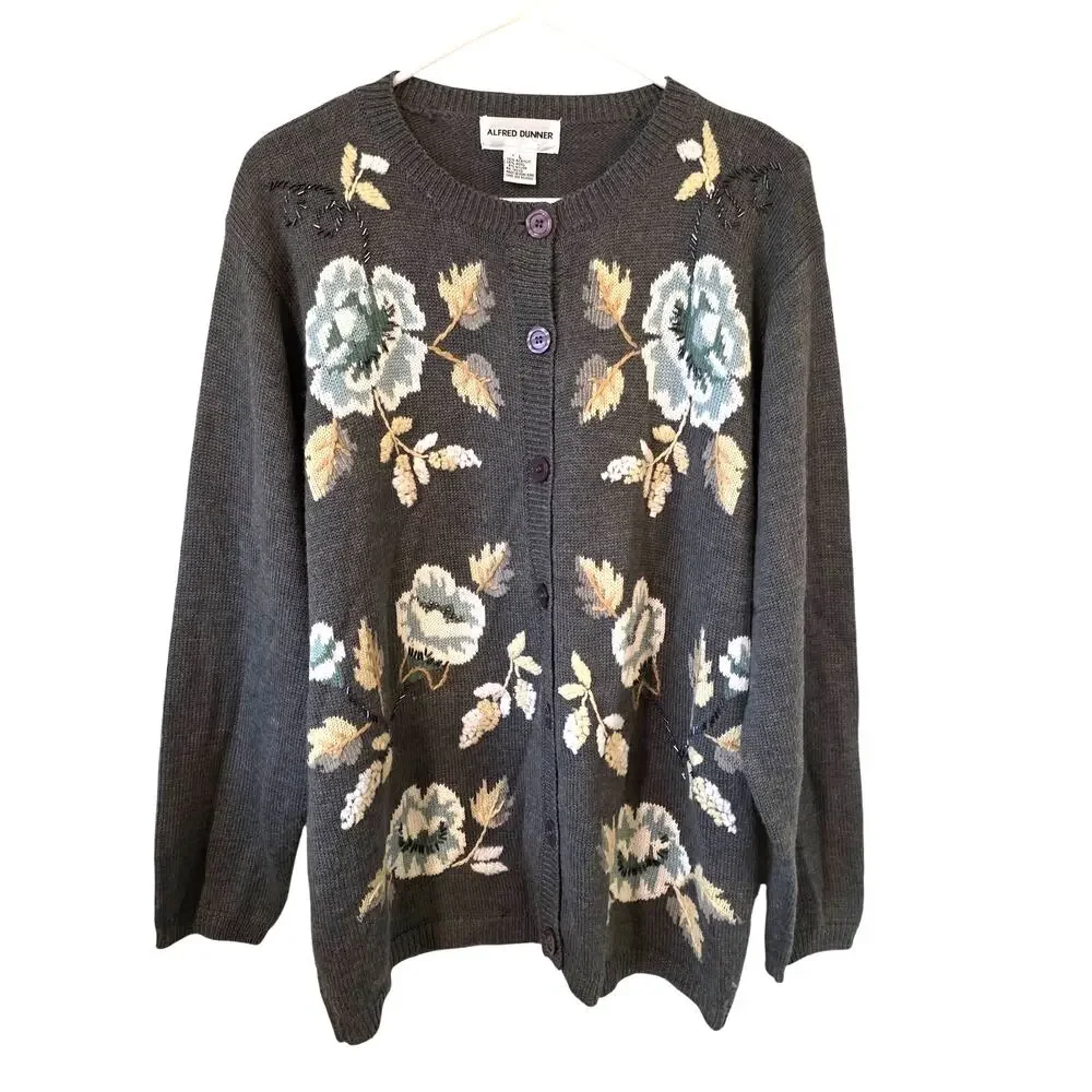 Vintage Alfred Dunner Floral Embroidered Wool Blend Cardigan Sweater Large Gray